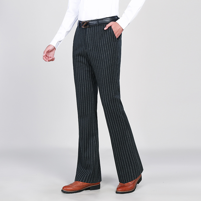 冬季厚款条纹喇叭裤男商务休闲保暖大脚弹力西裤青年修身垂感男裤