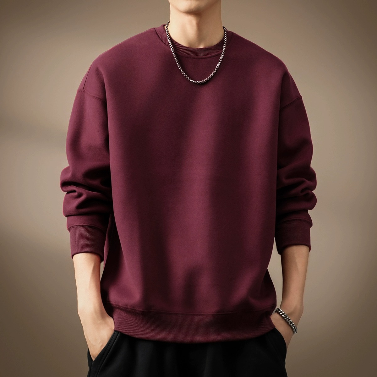 MR.MUDI/穆迪先生简约酒红色卫衣男秋季新款宽松圆领长袖打底衫男