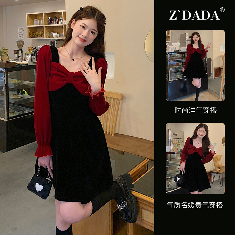 大码女装假两件丝绒连衣裙秋冬胖mm显瘦收腰复古法式过年红色裙子