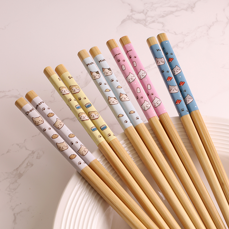 家用厨房防滑防霉分色卡通可爱小猫图案楠竹筷 一人一筷 新款创意