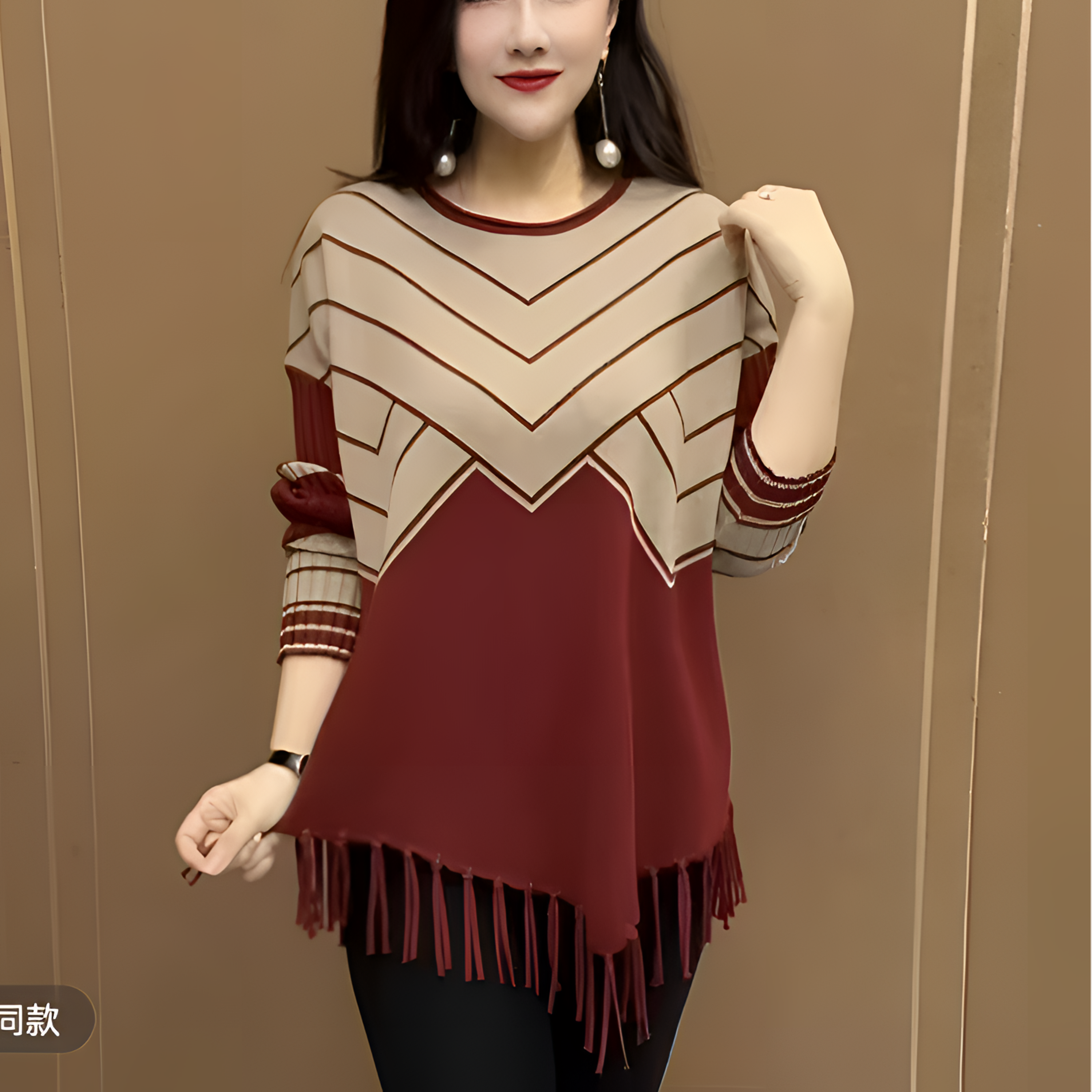 冬季高档潮流拼接流苏加厚毛衣新款时尚妈妈宽松减龄百搭针织衫