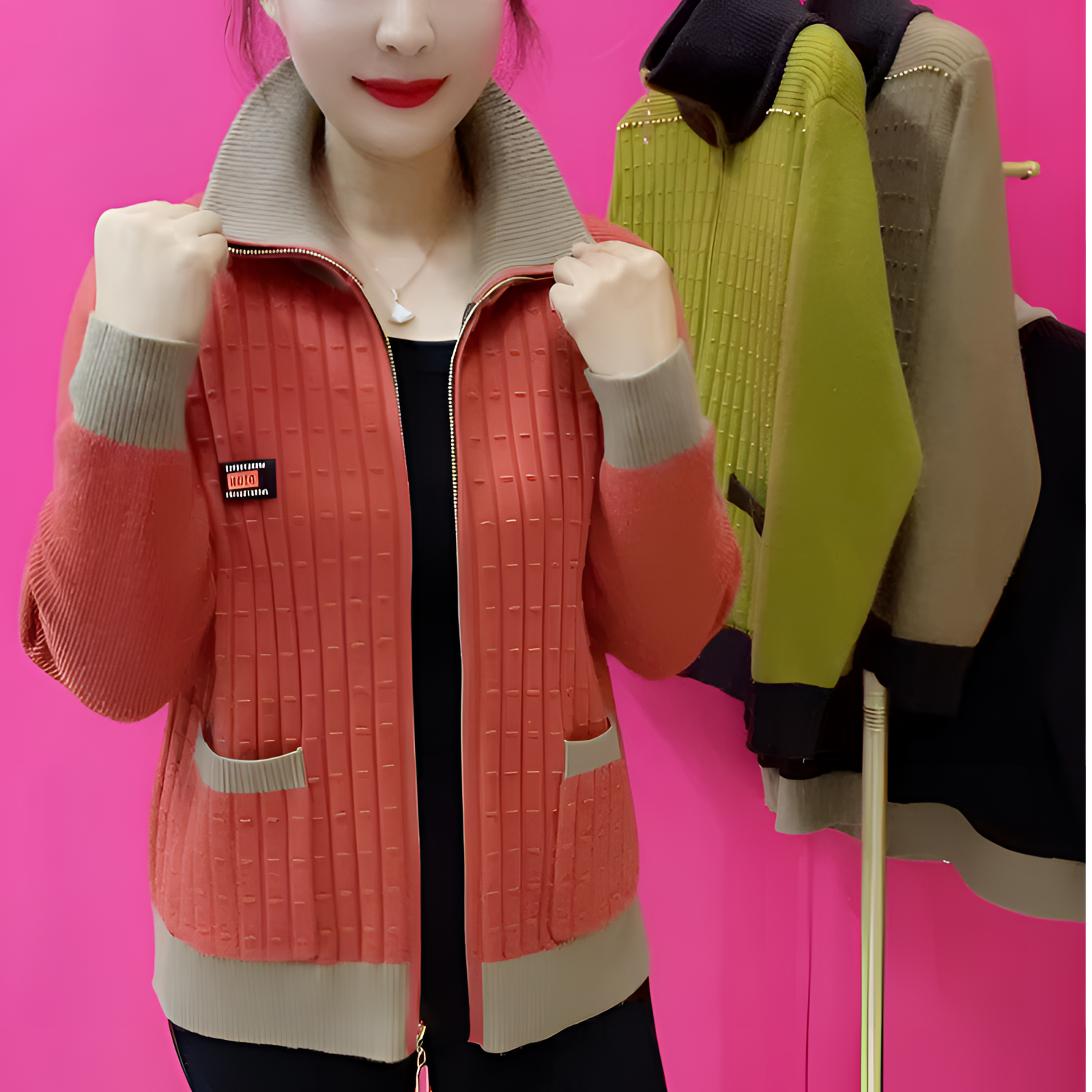 秋冬季新款洋气百搭针织衫高档气质时尚女POLO领轻奢宽松毛衣外套