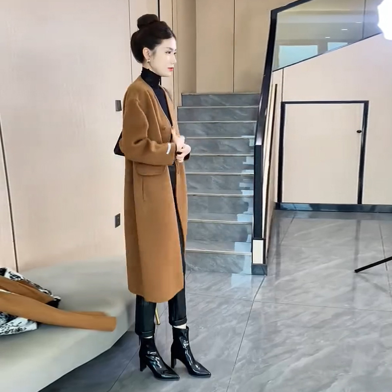 韩版气质长款盘扣风衣时尚百搭毛呢中长款宽松轻奢2445休闲洋气女