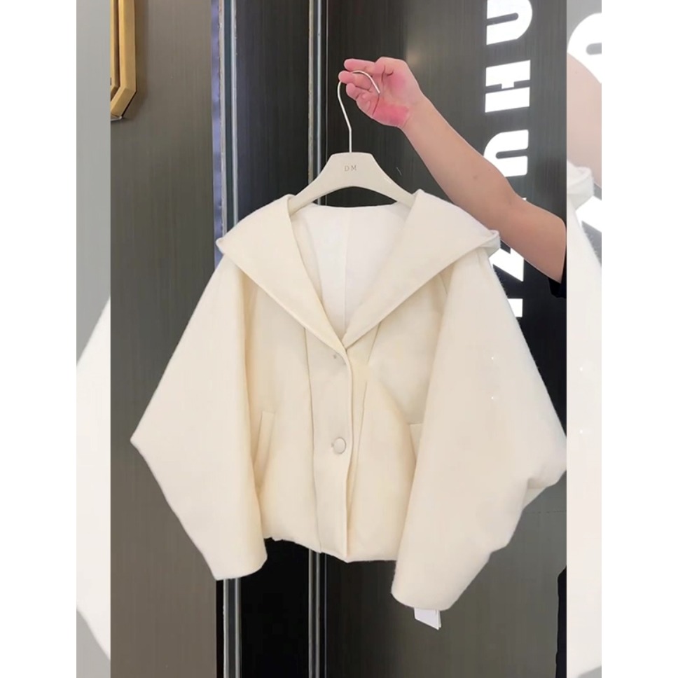 2024新款冬女韩系独特米白色连帽短款棉服茧型宽松加厚外套小个子