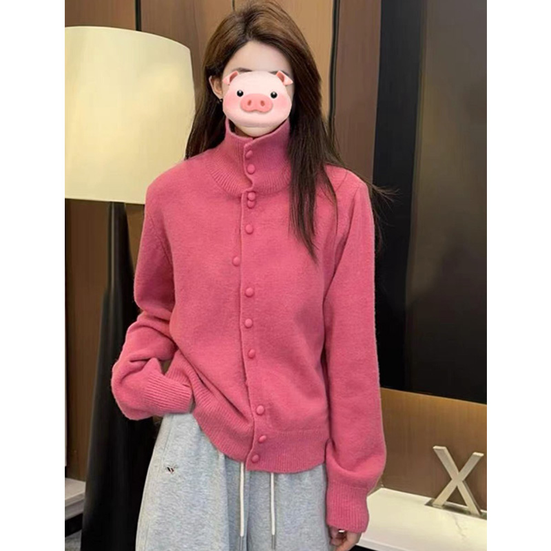 高领针织开衫女士秋冬季新款复古韩系慵懒风宽松百搭洋气毛衣外套