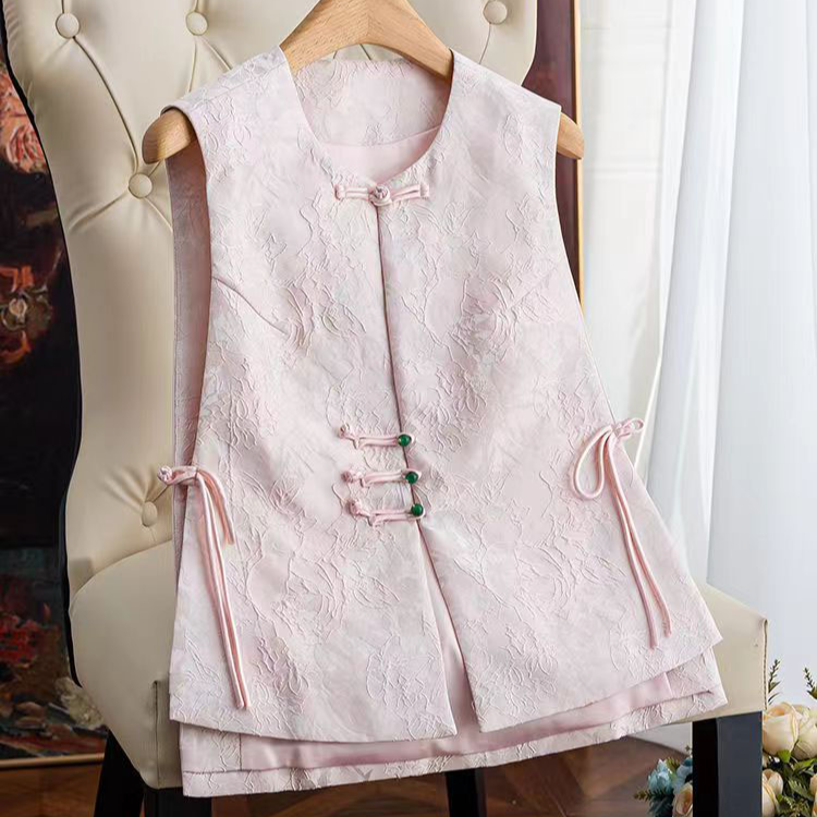 粉色新中式马甲气质背心女春秋高级感叠穿复古国风提花盘扣上衣女