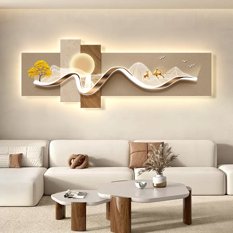 现代简约客厅装饰画LED灯画轻奢沙发背景墙挂画抽象麋鹿带灯壁画