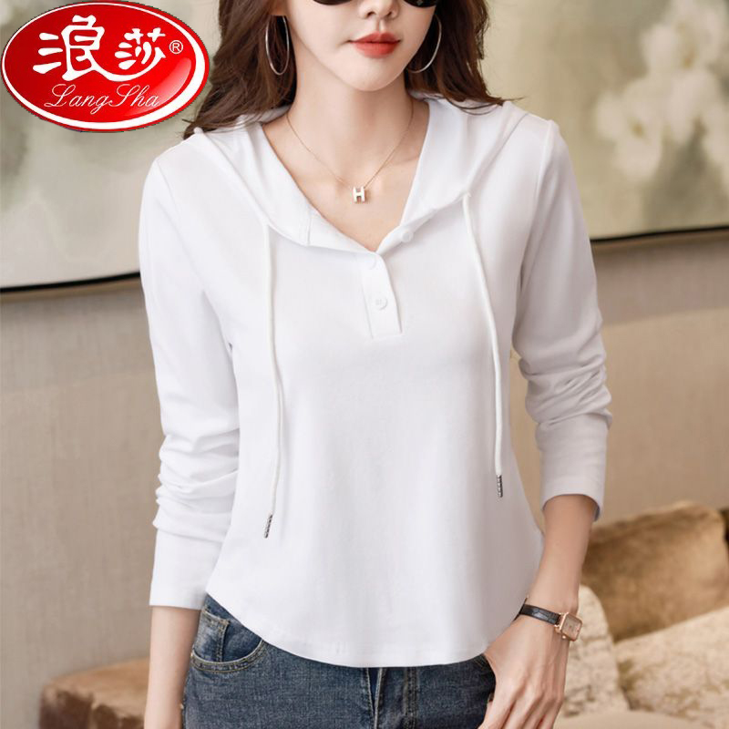 浪莎早秋T恤连帽长袖女士2025新款显瘦洋气修身打底衫上衣女装t恤