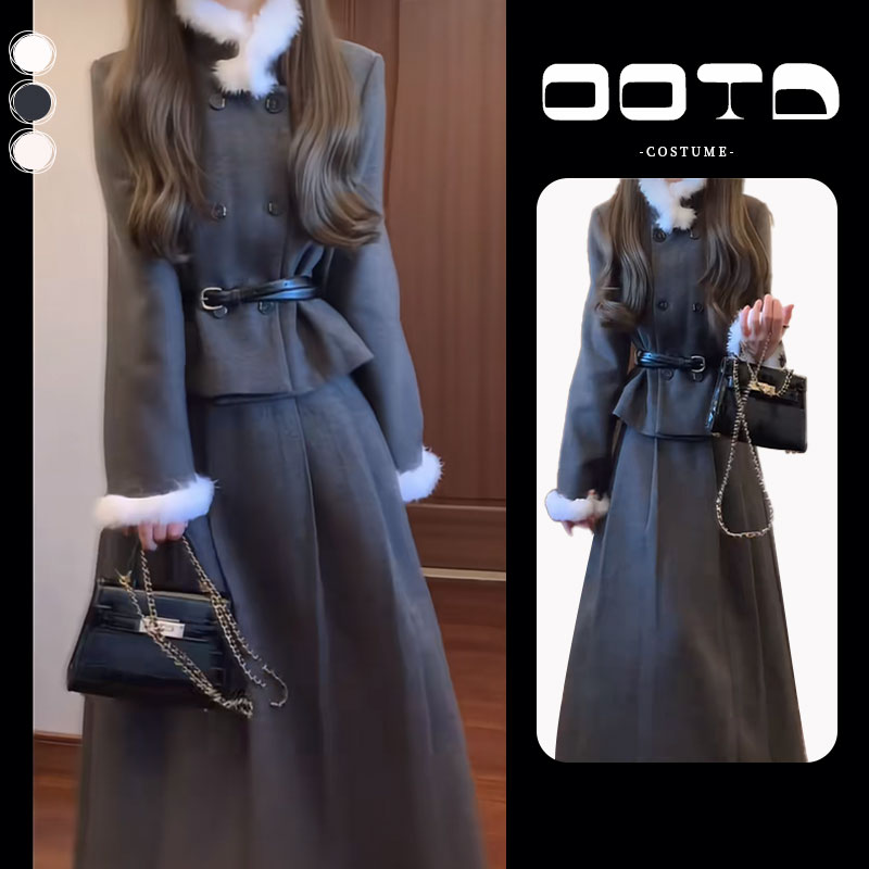 韩系富家千金小香风套装女秋冬高级感穿搭双排扣外套半身裙两件套