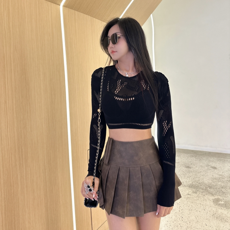 美式辣妹长袖针织个高腰短款上衣百搭黑色打底吊带露脐设计感