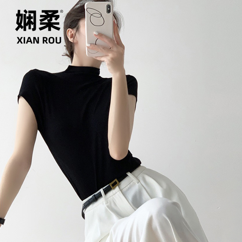 黑色短袖高领T恤女中袖 新高弹小众设计感冰丝上衣打底衫春秋内搭