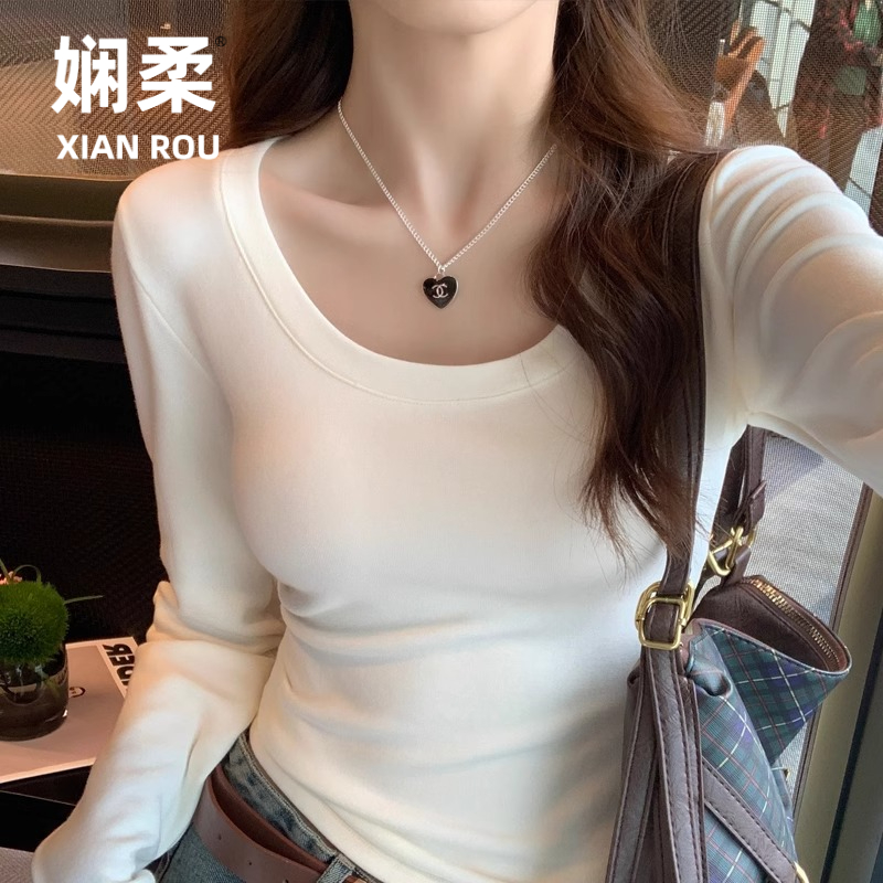 加绒打底衫女2026新款秋冬季内搭修身加厚保暖磨毛t恤灰色u领上衣