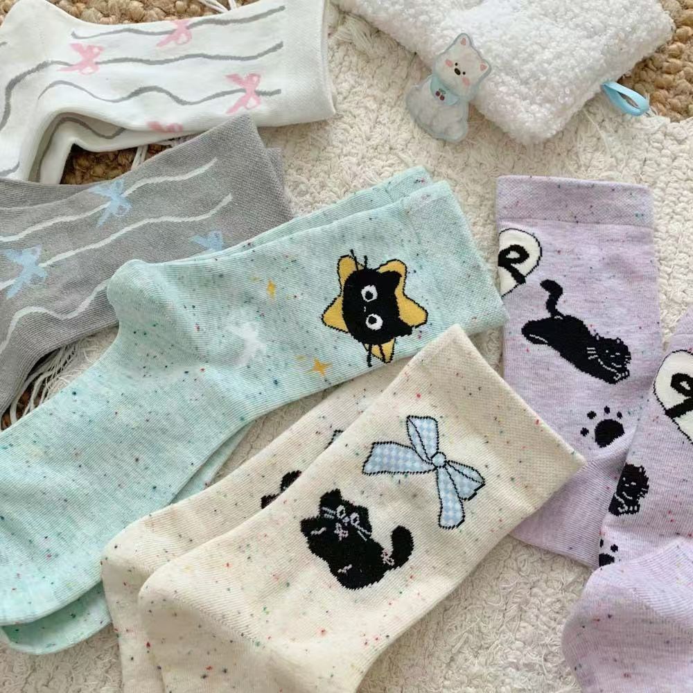 日系可爱猫咪设计感卡通蝴蝶结中筒袜点子纱袜女春秋款新品百搭T9