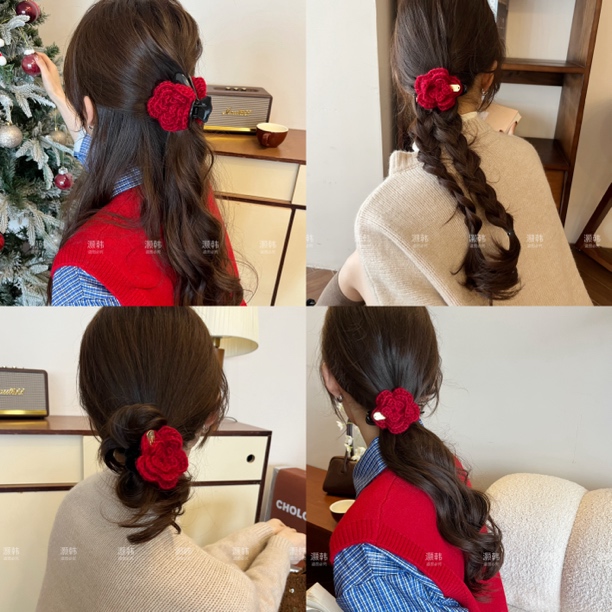 送你一朵小红花！秋冬红色毛线玫瑰花朵发夹女后脑勺抓夹发圈横夹