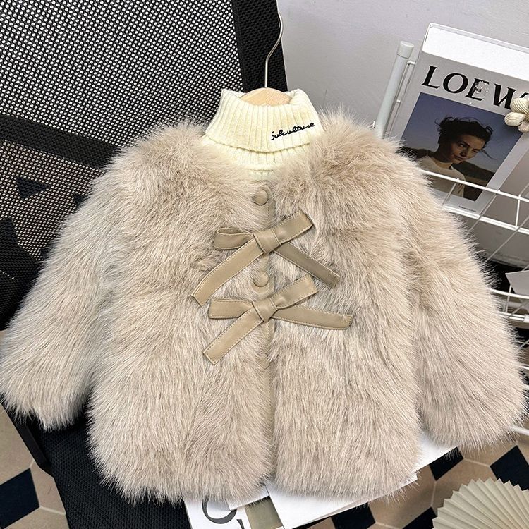 2025女童洋气宝宝毛毛衣儿童蝴蝶结外套棉服秋冬加厚大衣棉袄潮