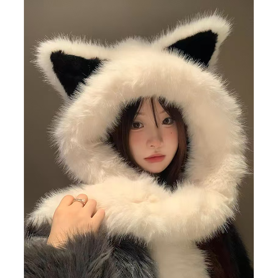 加厚毛绒绒狐狸耳朵帽子围巾一体秋冬季防寒保暖雷锋帽护颈显脸小