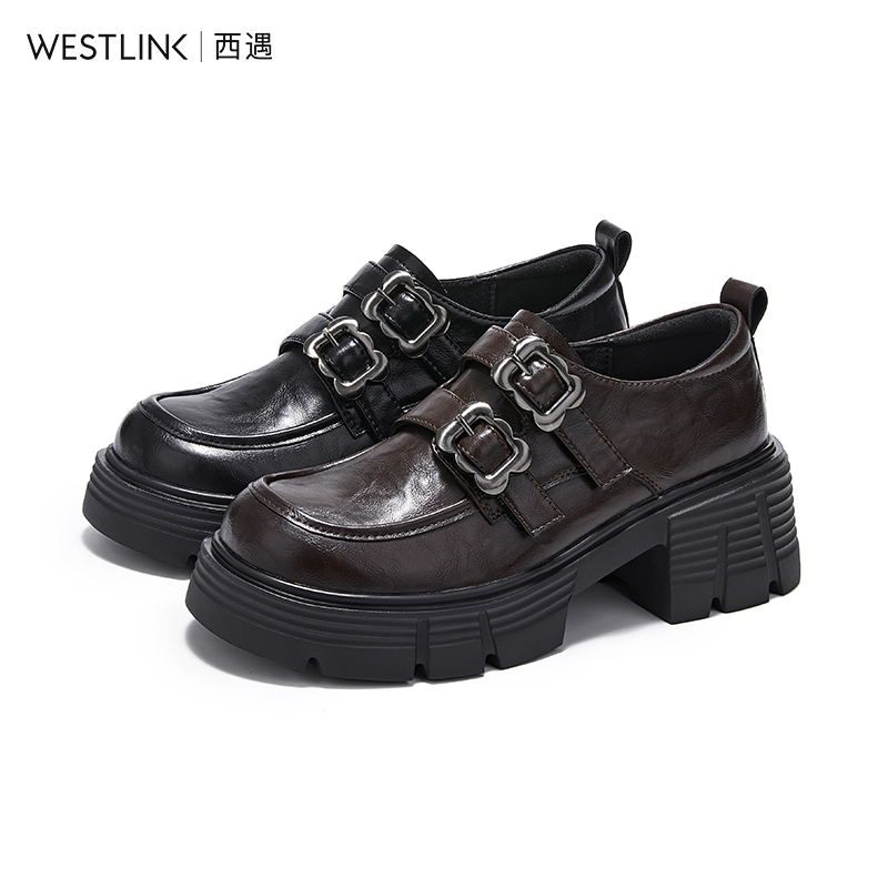 Westlink/西遇真皮粗跟乐福鞋女2025新款秋季厚底百搭英伦风女鞋
