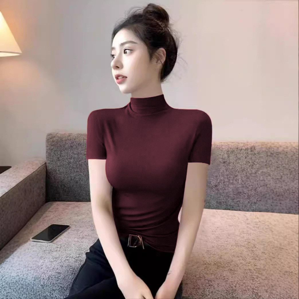 【可儿】新款安可拉红半高领短袖T恤打底衫女内搭洋气上衣