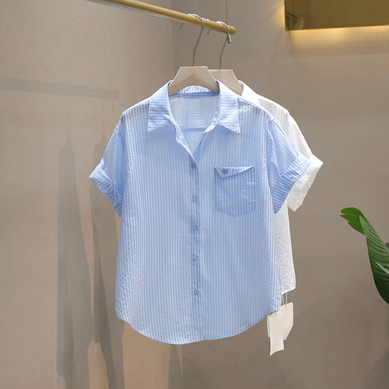 2025夏女装新款女士短袖衬衫条纹雪纺衫衬衣遮肚子显瘦小个子衬衣