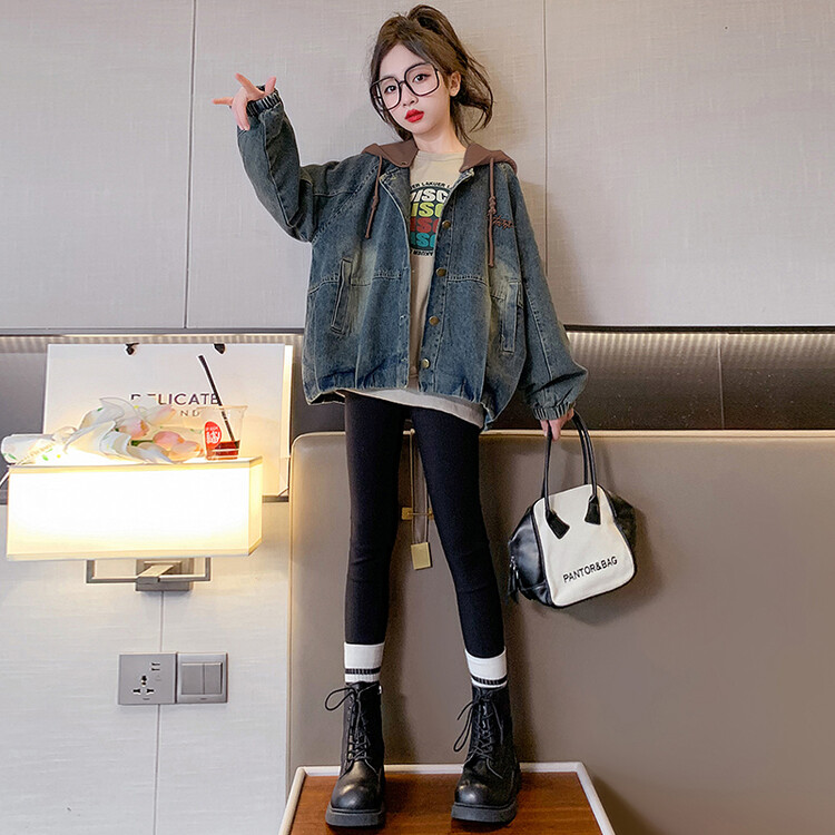 女童外套春秋款2025新款洋气连帽秋装中大童秋季时尚牛仔上衣百搭