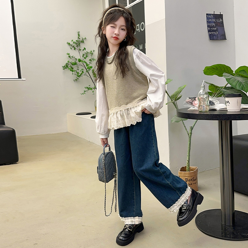 女童套装6-12岁潮款2025新款假两件上衣直筒牛仔裤时髦韩版重工潮