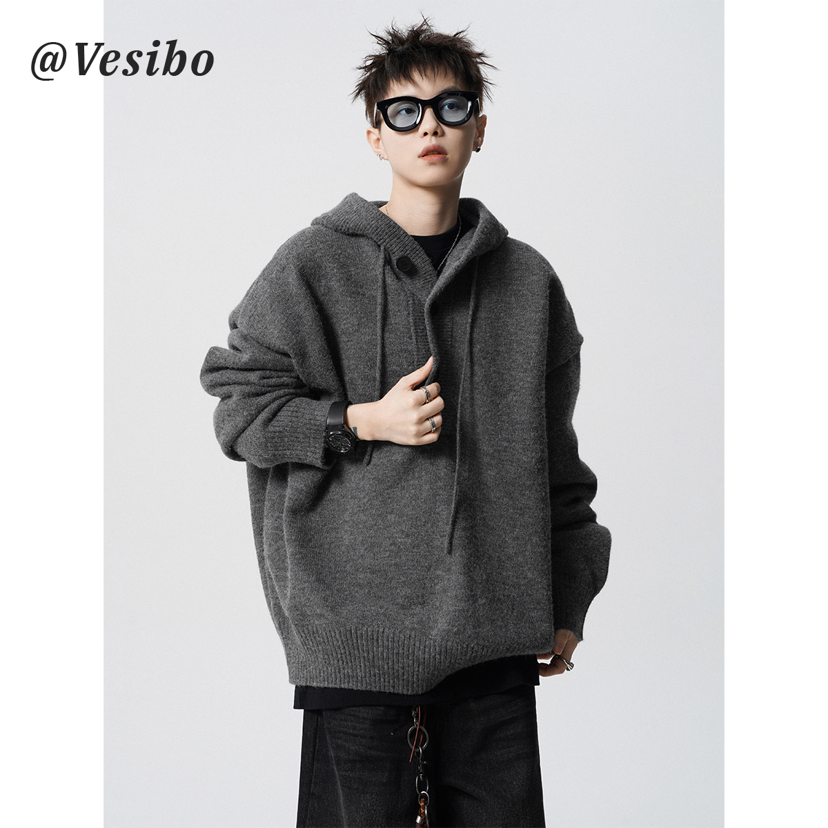 高街纯色连帽针织衫秋冬男款毛衣美式cleanfit连帽卫衣高级感外套