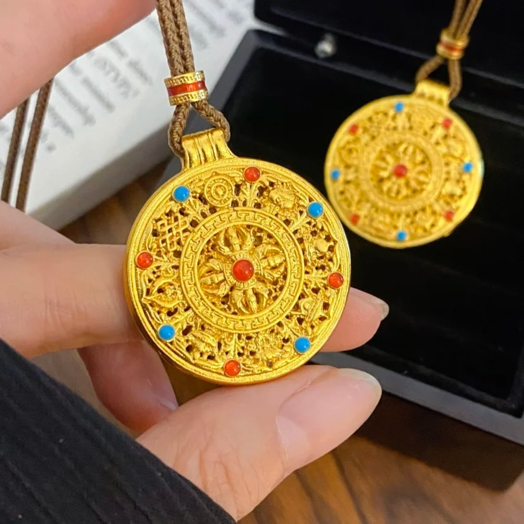 合金项链 新中式国潮风|古法镂空花丝金刚杵珐琅彩五福圆盘项链