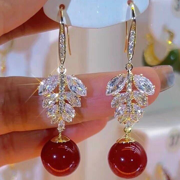 925银耳饰 微美防过敏复古高级感锆石枫叶红珠珠耳钩耳环女时尚气