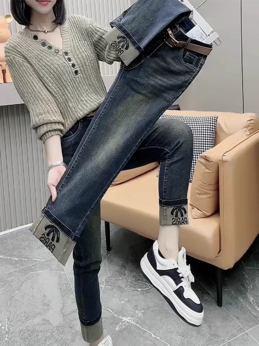 秋冬新款弹力休闲烟管软牛仔裤女大码微胖mm小个子九分裤直筒裤