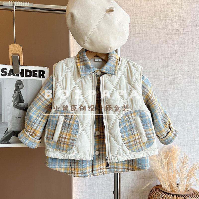 啵小爸【里约画报】夹棉马甲冬季新款加绒格纹衬衫设计感韩版两件套