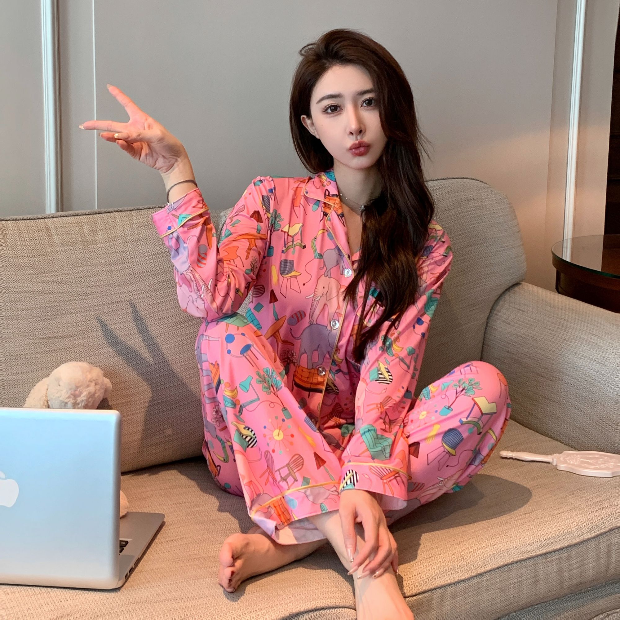 【粉底大象】睡衣春秋季女秋冬时尚长袖大码女士春秋款家居服套装