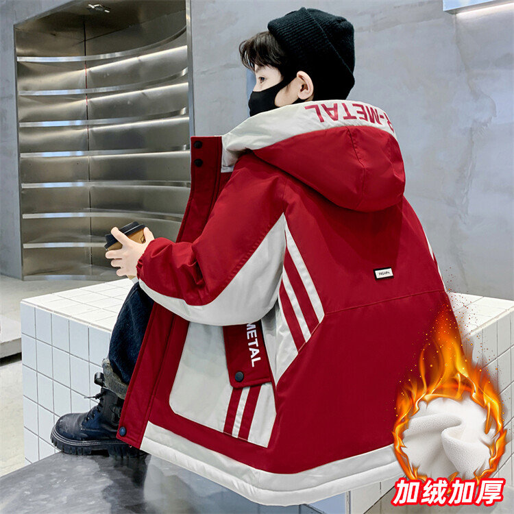 男童加绒外套2025新款秋冬季红色本命年儿童风衣中大童加厚派克服