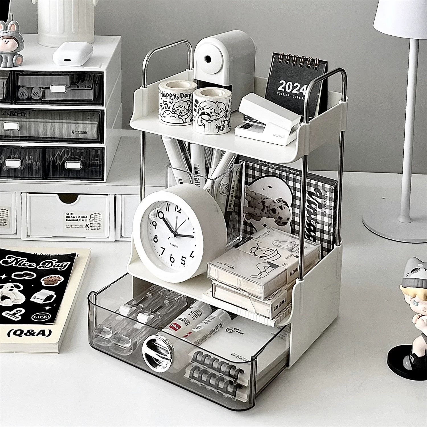 高级感桌面文具收纳盒学生书桌上置物架办公室笔筒双层整理置物架