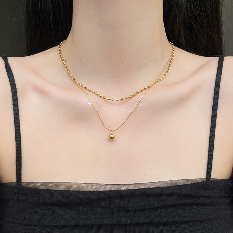 钛钢项链 日韩时尚百搭钛钢双层金豆圆球项链钛钢镀金叠戴锁骨链