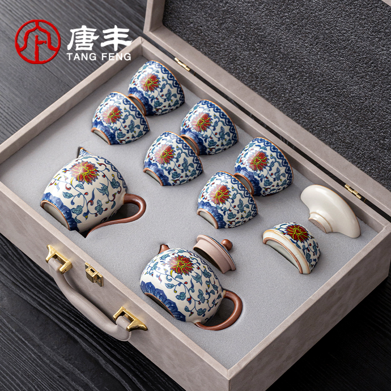 唐丰新款汝窑茶具礼盒套装家用高档西施泡茶工具中秋送礼创意复古