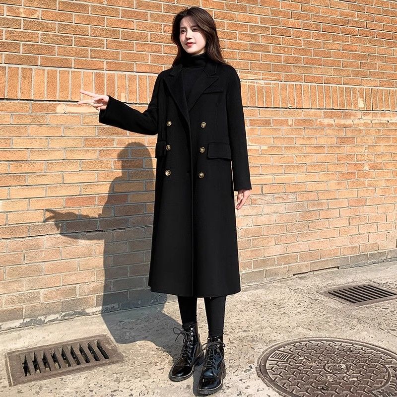 大码女装黑色加棉加厚毛呢外套胖mm加长款新年战袍200斤呢子大衣