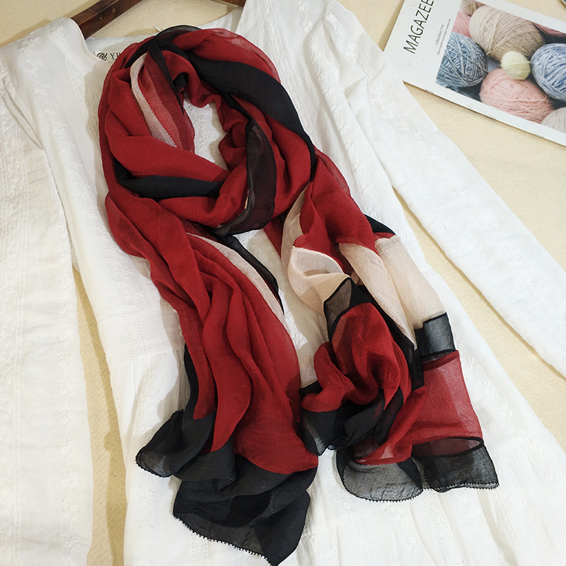 外贸丝巾女秋冬薄款拼接撞色长纱巾时尚洋气百搭围巾围脖装饰披肩