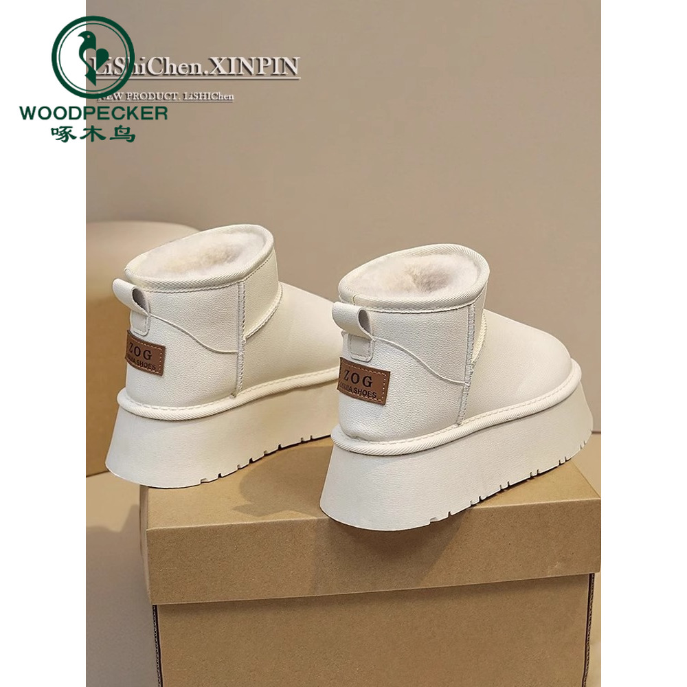 啄木鸟厚底雪地靴女2025冬季新款加绒加厚防水保暖短靴舒适棉鞋女
