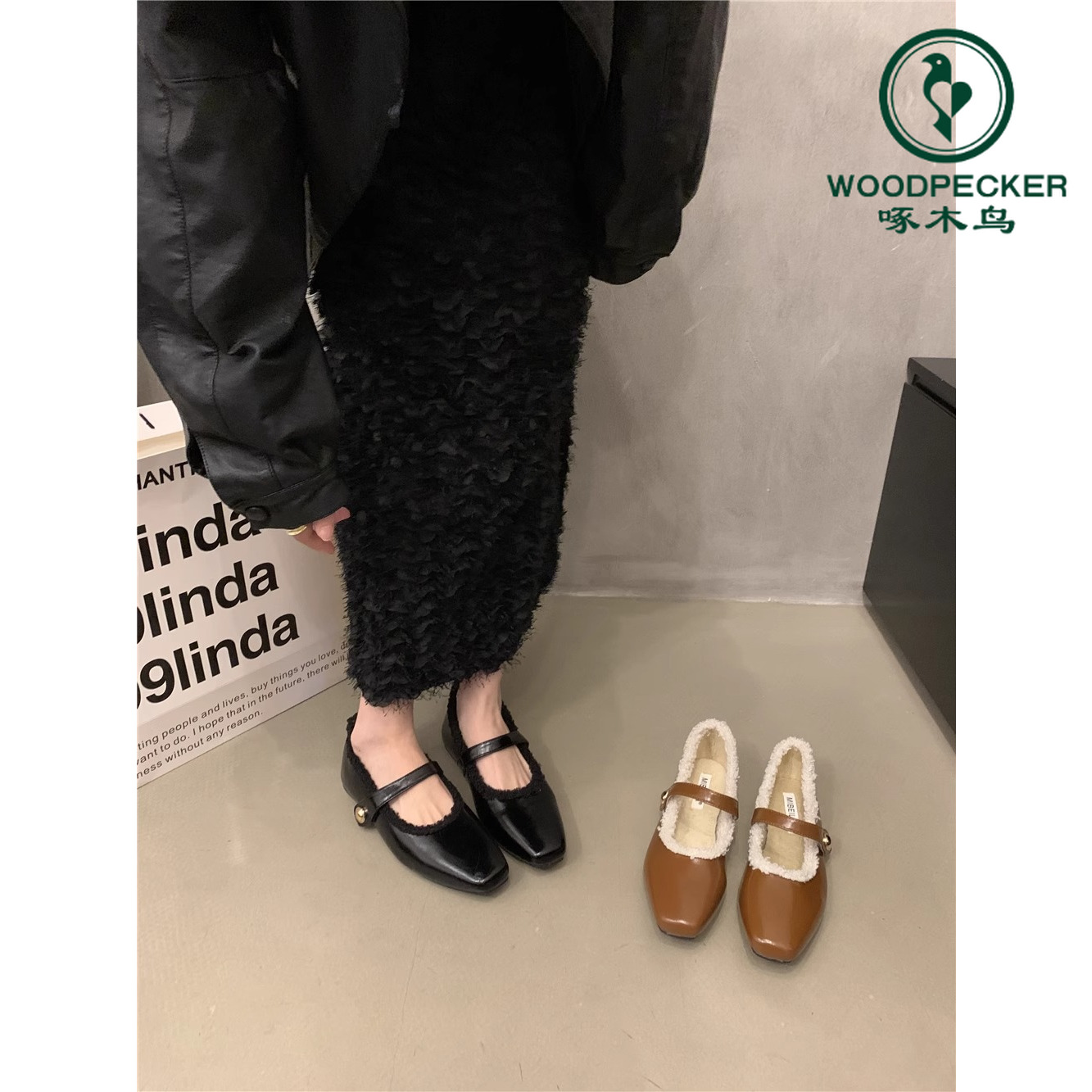 啄木鸟加绒单鞋平底鞋保暖女鞋法式玛丽珍鞋毛毛鞋冬季黑色小皮鞋