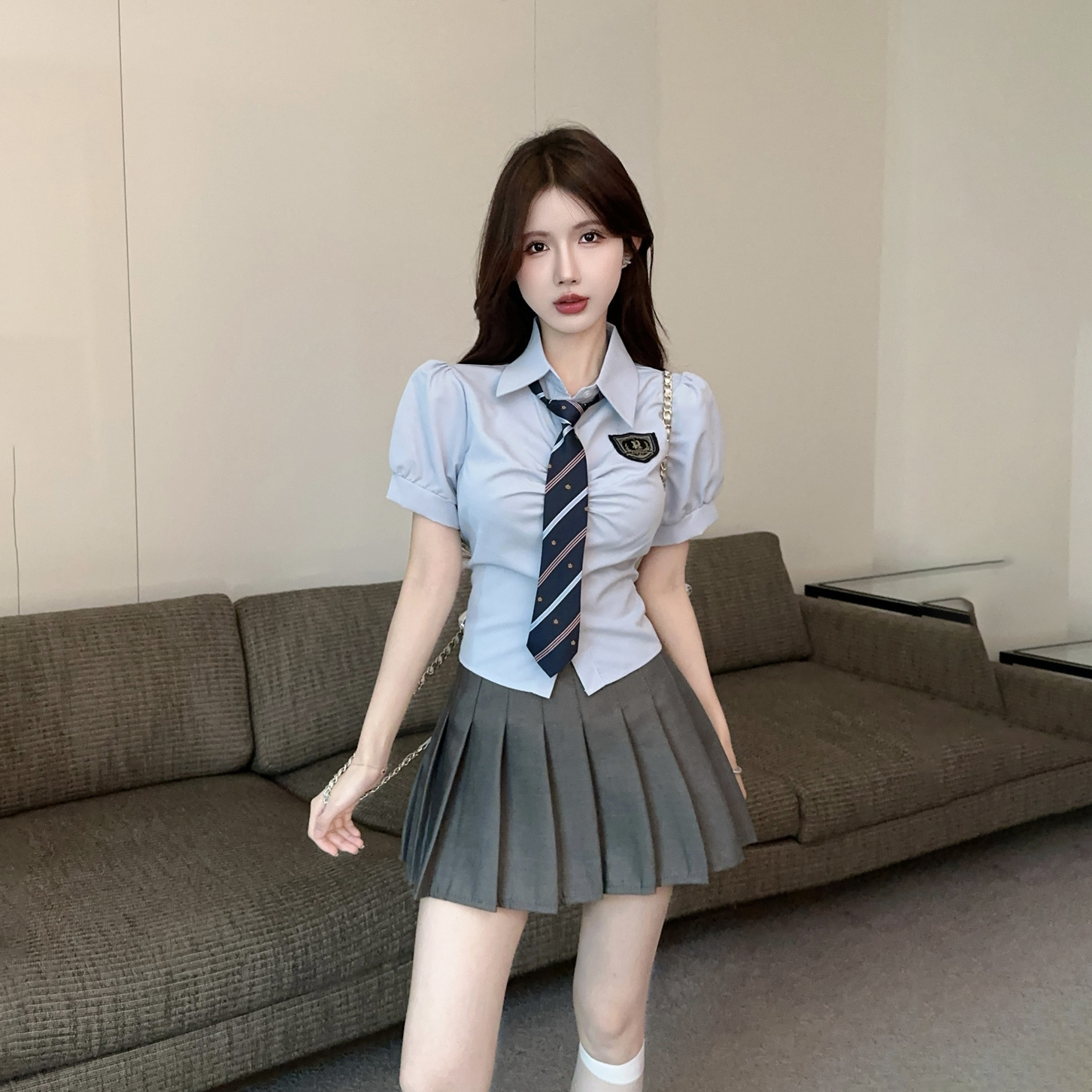 蓝色学院风jk制服套装夏季气质收腰短袖衬衫辣妹显瘦百褶裙两件套