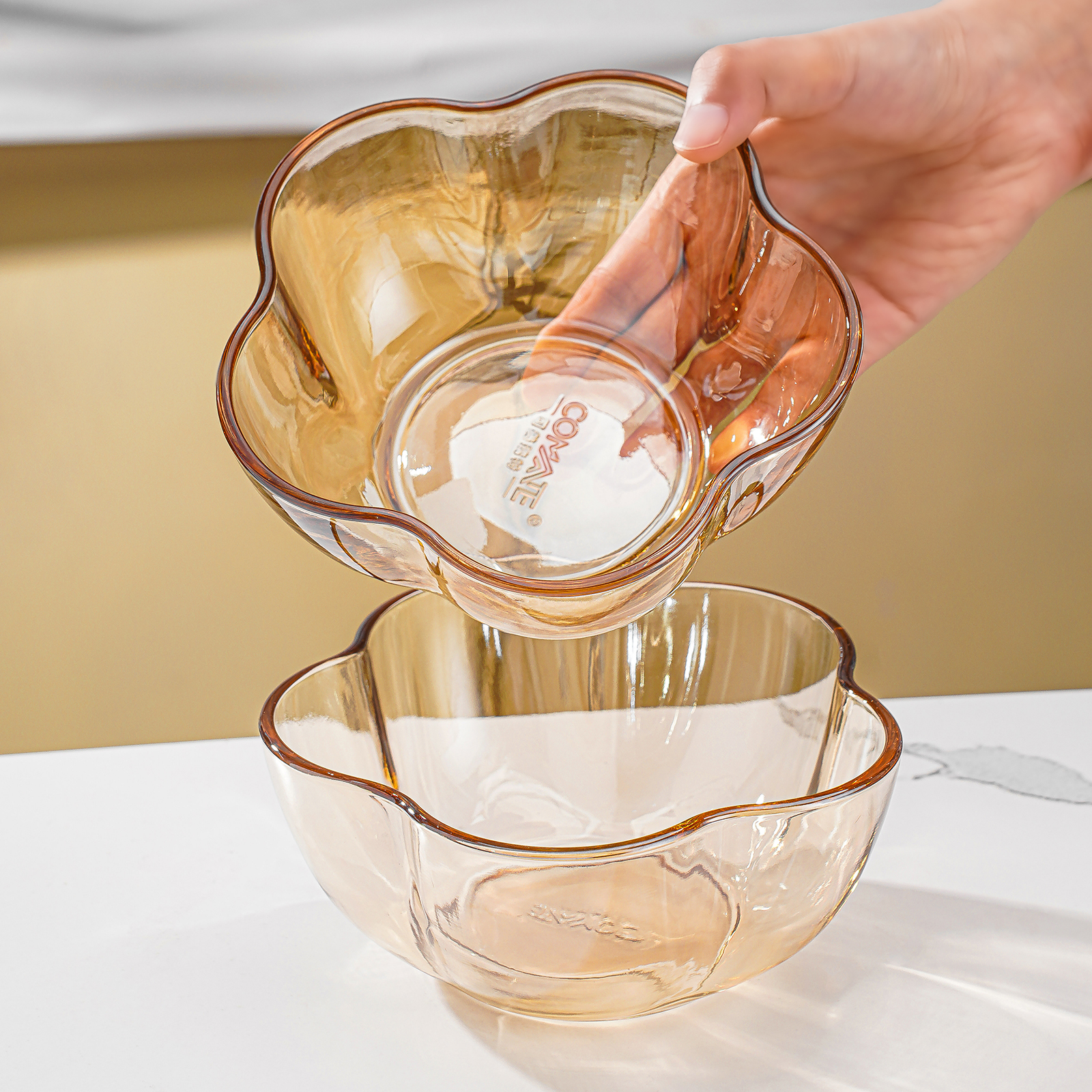 家用高颜值琥珀梅花玻璃碗大号个性沙拉碗餐碗