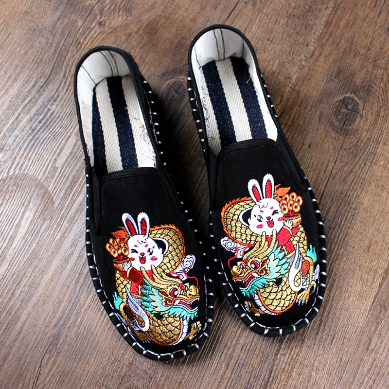 老北京布鞋男兔子刺绣夏季透气手工一脚蹬男款西山软底潮流步布鞋