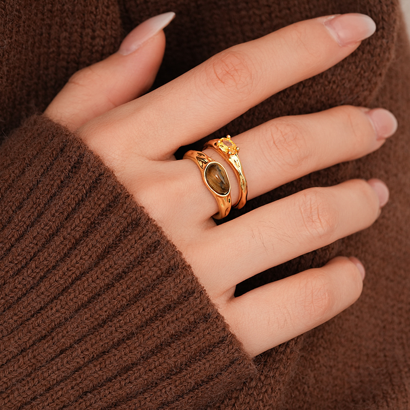 铜合金锆石戒指 复古双层金色开口戒指轻奢食指戒2024新款手饰女