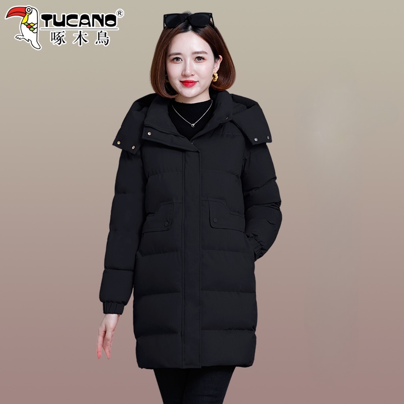 【官方】啄木鸟黑色中长款棉服女冬季2025新款时尚妈妈加厚保暖棉