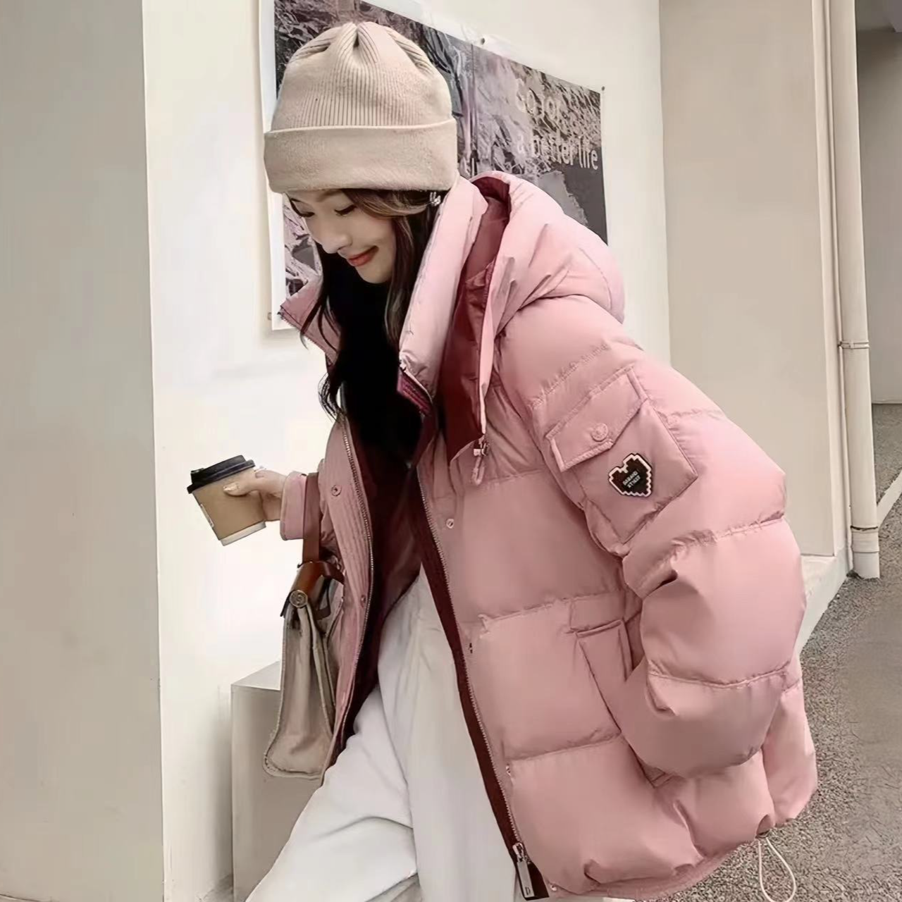 连帽拼色棉服女冬2025新款高级感加厚保暖面包服外套