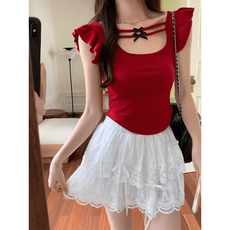 红色方领蝴蝶结正反两穿短袖T恤女辣妹显白修身显瘦飞飞袖上衣夏