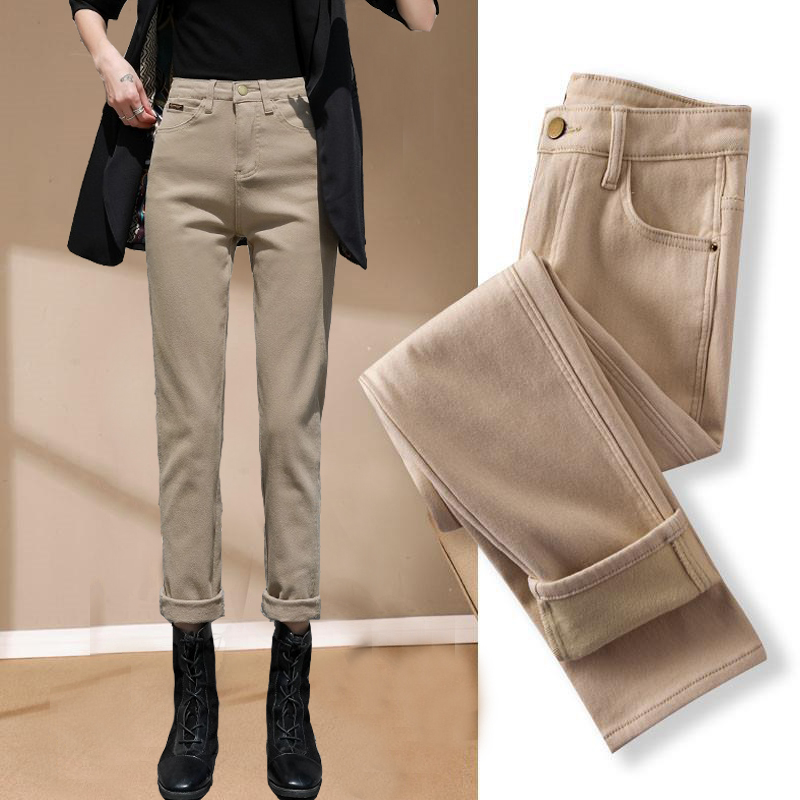 卡其色烟管牛仔裤女款爆款2025秋冬季加绒加厚高腰显瘦窄版直筒裤