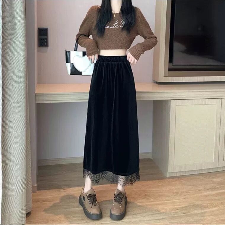 韩版秋冬新款黑色金丝绒蕾丝拼接半身裙女高腰气质中长款包臀裙子