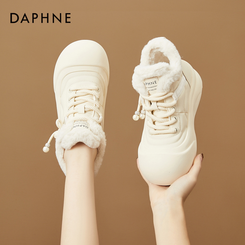 达芙妮复古厚底短靴子女2025新款冬季加绒加厚保暖棉鞋时尚雪地靴