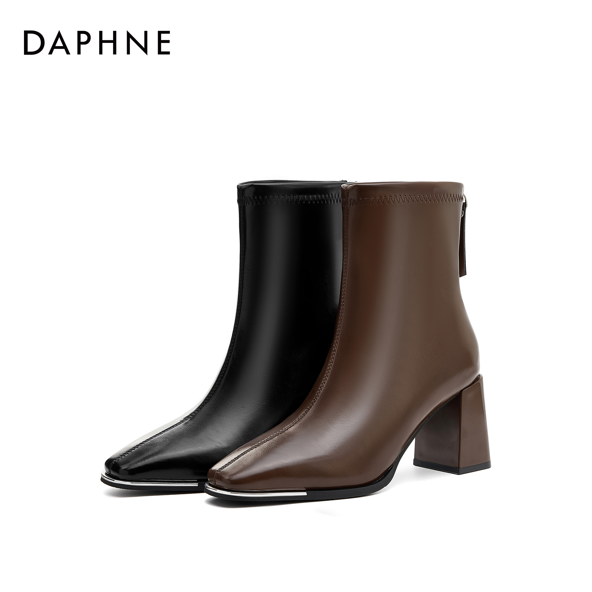 达芙妮法式高跟短靴女2025年秋冬新款金属粗跟瘦瘦靴后拉链时装靴